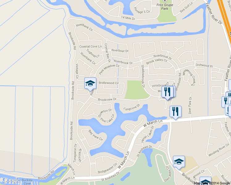 map of restaurants, bars, coffee shops, grocery stores, and more near 3710 Bridlewood Circle in Stockton