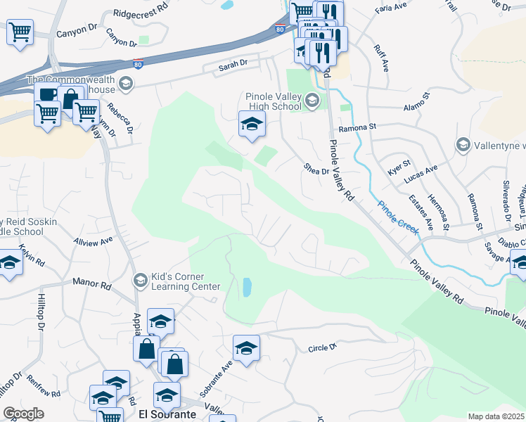 map of restaurants, bars, coffee shops, grocery stores, and more near 73 Rancho Vista Street in El Sobrante