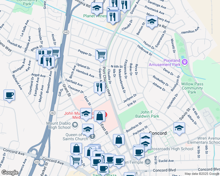 map of restaurants, bars, coffee shops, grocery stores, and more near 3148 Claudia Drive in Concord