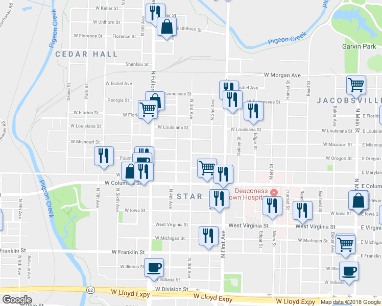 map of restaurants, bars, coffee shops, grocery stores, and more near 999 North 3rd Avenue in Evansville