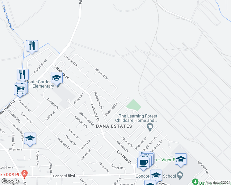 map of restaurants, bars, coffee shops, grocery stores, and more near 1804 Elkwood Drive in Concord