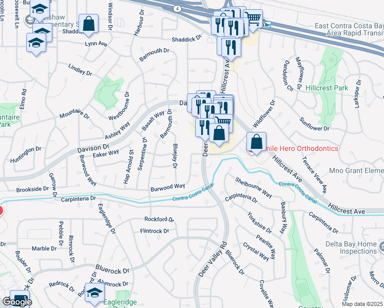 map of restaurants, bars, coffee shops, grocery stores, and more near Wildflower Drive & Burwood Way in Antioch