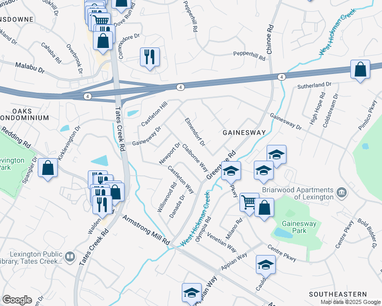 map of restaurants, bars, coffee shops, grocery stores, and more near Claiborne Way in Lexington