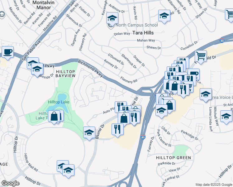 map of restaurants, bars, coffee shops, grocery stores, and more near 3600 Richmond Parkway in San Pablo
