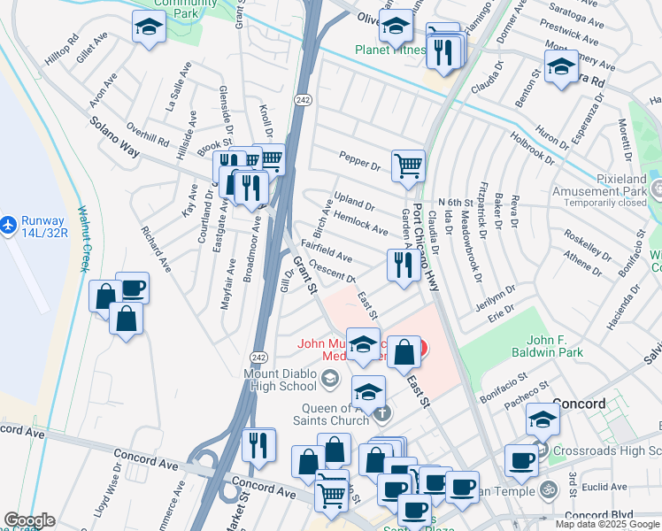 map of restaurants, bars, coffee shops, grocery stores, and more near 2312 Fairfield Avenue in Concord