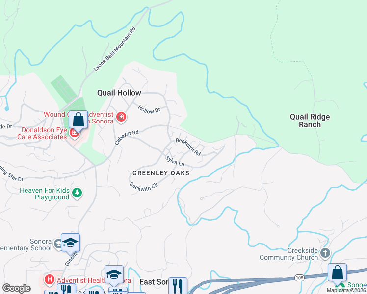 map of restaurants, bars, coffee shops, grocery stores, and more near 13065 Beckwith Road in Sonora