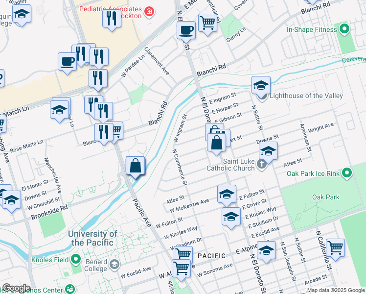 map of restaurants, bars, coffee shops, grocery stores, and more near 35 West Fargo Street in Stockton