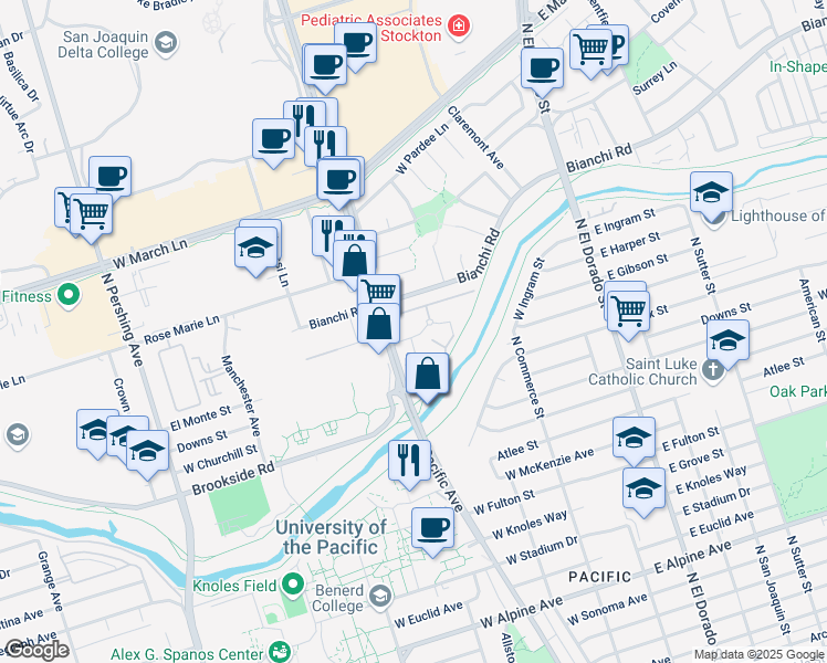 map of restaurants, bars, coffee shops, grocery stores, and more near 328 Northbank Court in Stockton