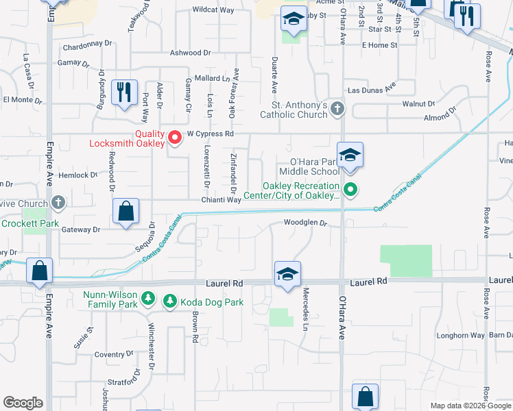 map of restaurants, bars, coffee shops, grocery stores, and more near 1300 Chenin Lane in Oakley