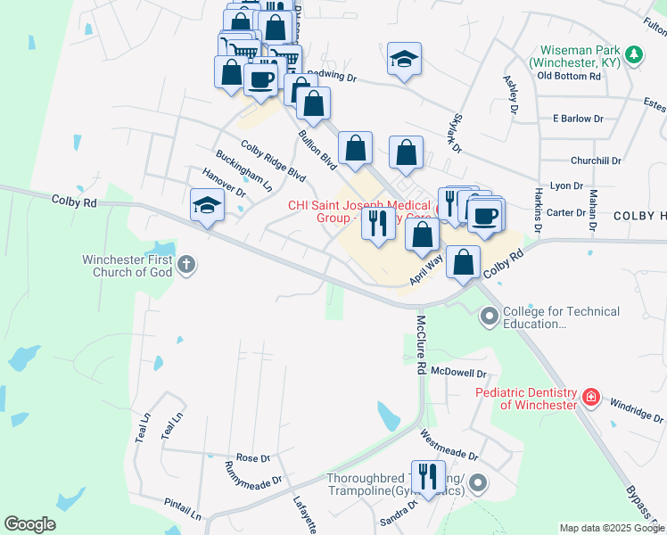 map of restaurants, bars, coffee shops, grocery stores, and more near 405 Cricket Lane in Winchester