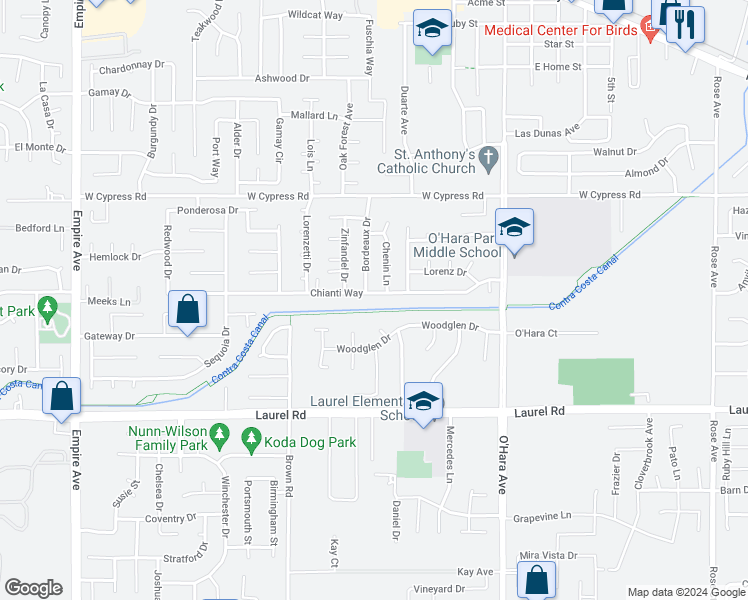 map of restaurants, bars, coffee shops, grocery stores, and more near 909 Chianti Way in Oakley
