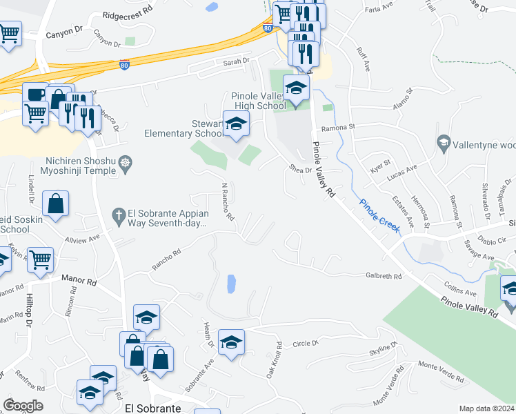 map of restaurants, bars, coffee shops, grocery stores, and more near 73 Rancho Vista Street in El Sobrante