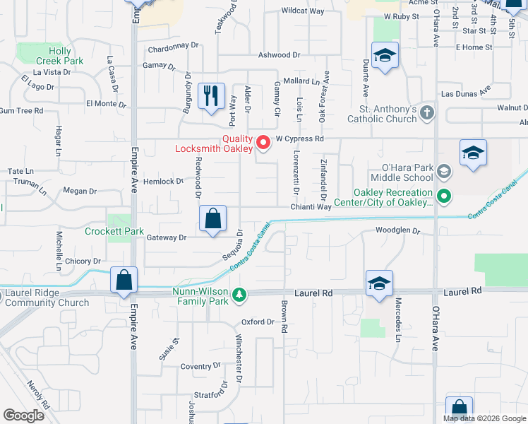 map of restaurants, bars, coffee shops, grocery stores, and more near 1396 Chianti Way in Oakley