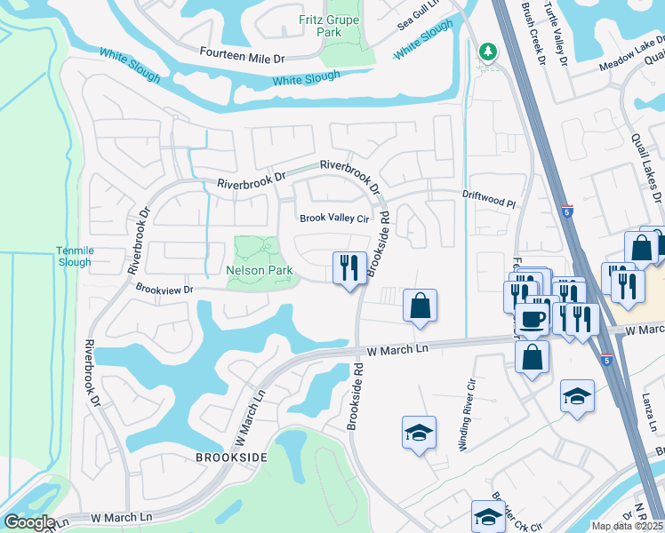 map of restaurants, bars, coffee shops, grocery stores, and more near 3310 Willowbrook Circle in Stockton