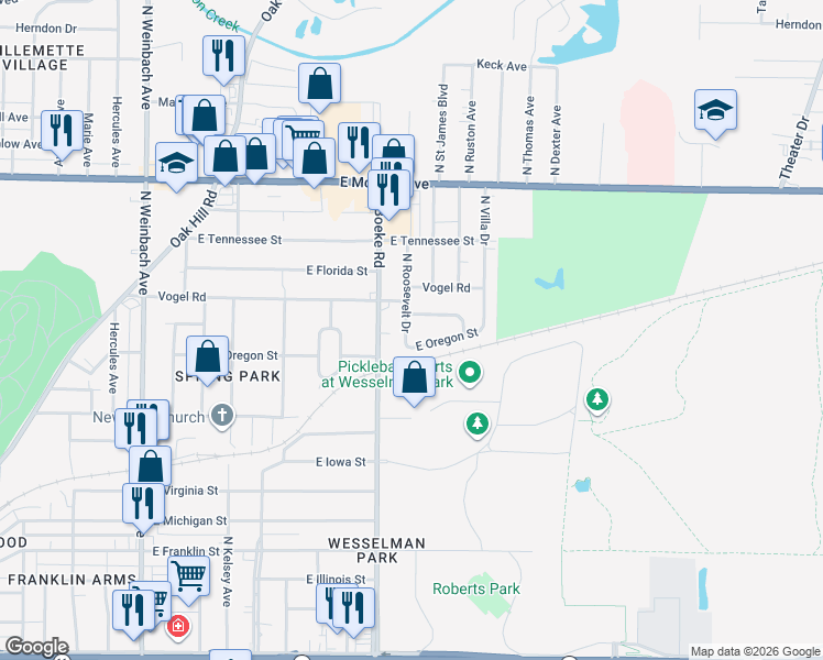 map of restaurants, bars, coffee shops, grocery stores, and more near 1019 North Roosevelt Drive in Evansville