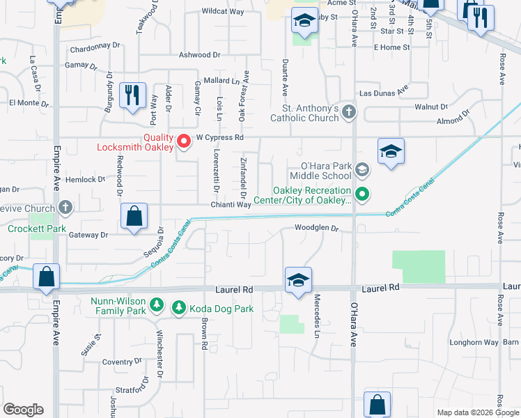 map of restaurants, bars, coffee shops, grocery stores, and more near 916 Chianti Way in Oakley