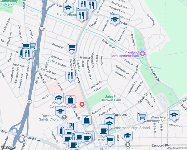 map of restaurants, bars, coffee shops, grocery stores, and more near 3142 Meadowbrook Drive in Concord