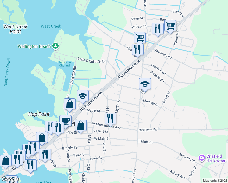 map of restaurants, bars, coffee shops, grocery stores, and more near 415 Myrtle Street in Crisfield