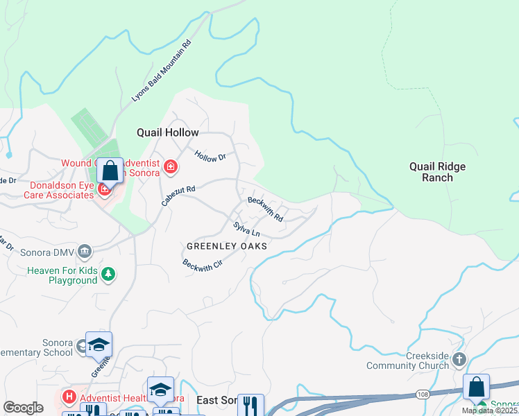 map of restaurants, bars, coffee shops, grocery stores, and more near 13077 Beckwith Road in Sonora