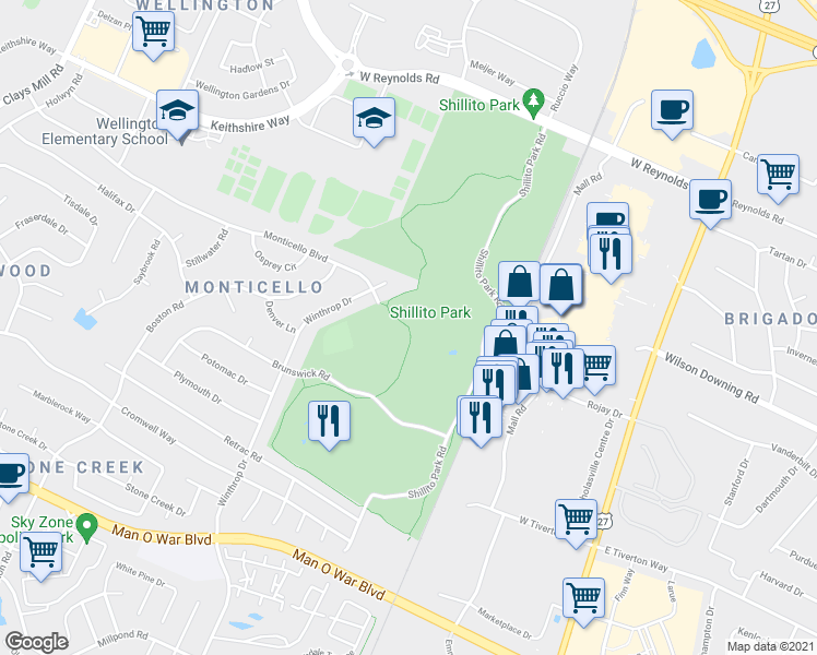map of restaurants, bars, coffee shops, grocery stores, and more near Shillito Park Shared Use Trail in Lexington