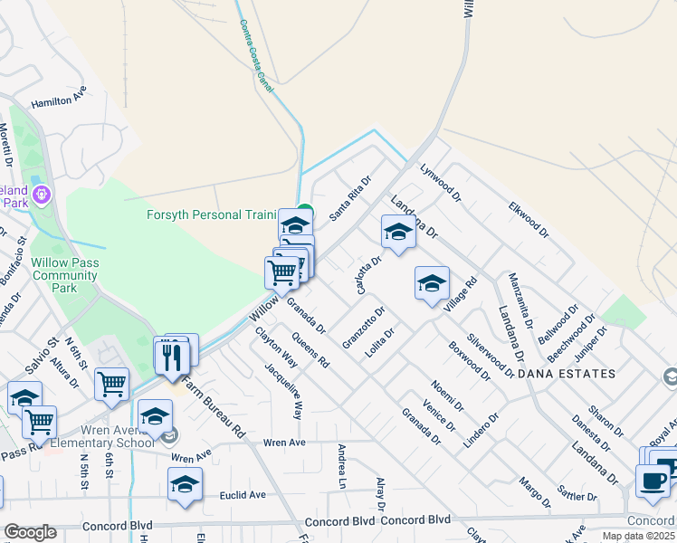 map of restaurants, bars, coffee shops, grocery stores, and more near 3712 Willow Pass Road in Concord