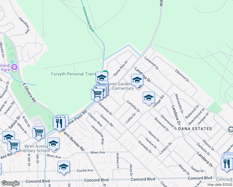 map of restaurants, bars, coffee shops, grocery stores, and more near 3712 Willow Pass Road in Concord