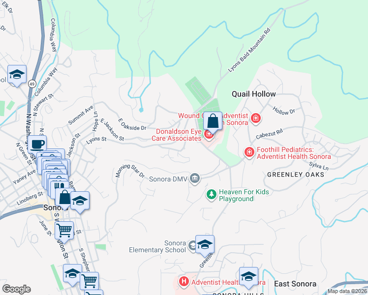 map of restaurants, bars, coffee shops, grocery stores, and more near 667 Old Bald Mountain Road in Sonora