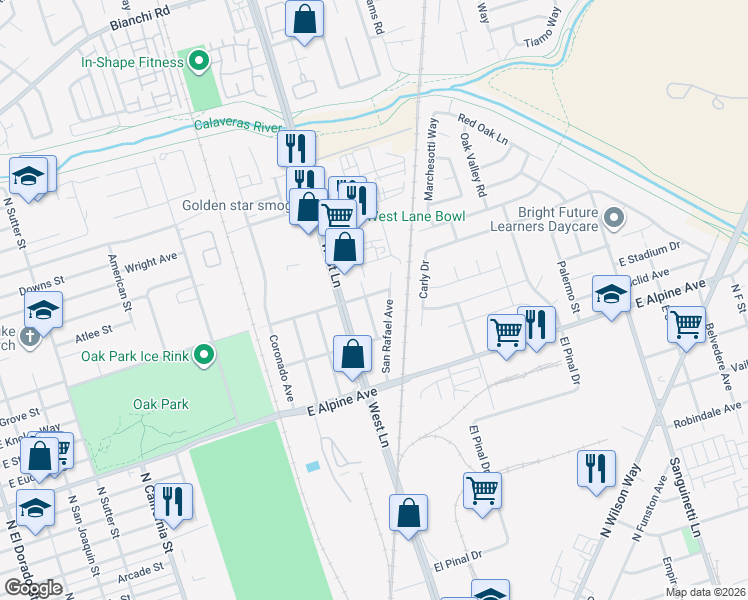 map of restaurants, bars, coffee shops, grocery stores, and more near 3716 Utah Avenue in Stockton