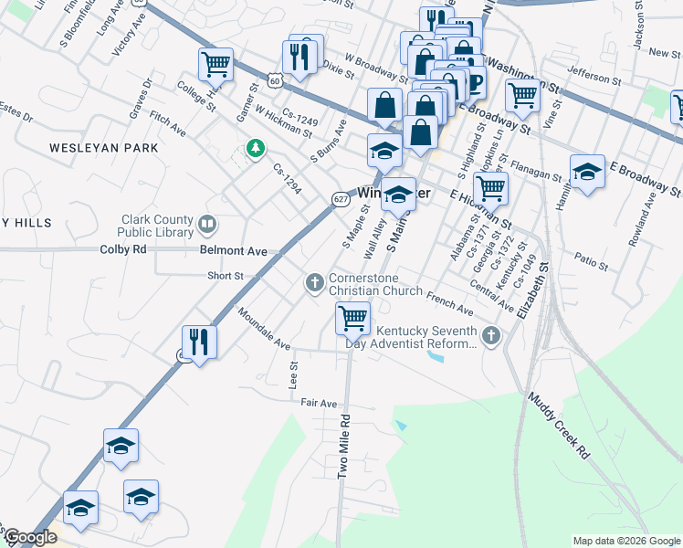 map of restaurants, bars, coffee shops, grocery stores, and more near 419 South Maple Street in Winchester