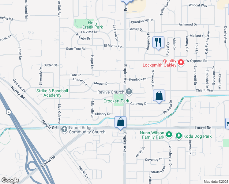 map of restaurants, bars, coffee shops, grocery stores, and more near 2025 Truman Lane in Oakley
