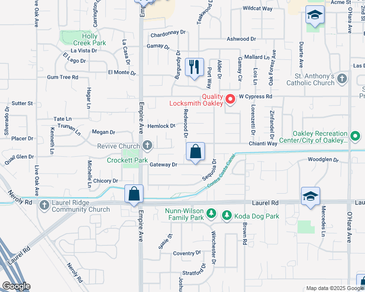 map of restaurants, bars, coffee shops, grocery stores, and more near 1780 Chianti Way in Oakley