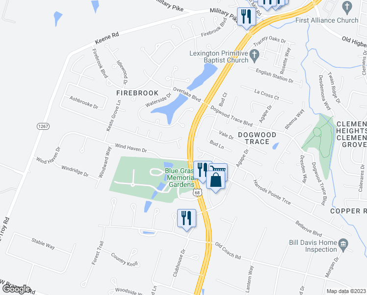 map of restaurants, bars, coffee shops, grocery stores, and more near 4908 Rockford Court in Lexington