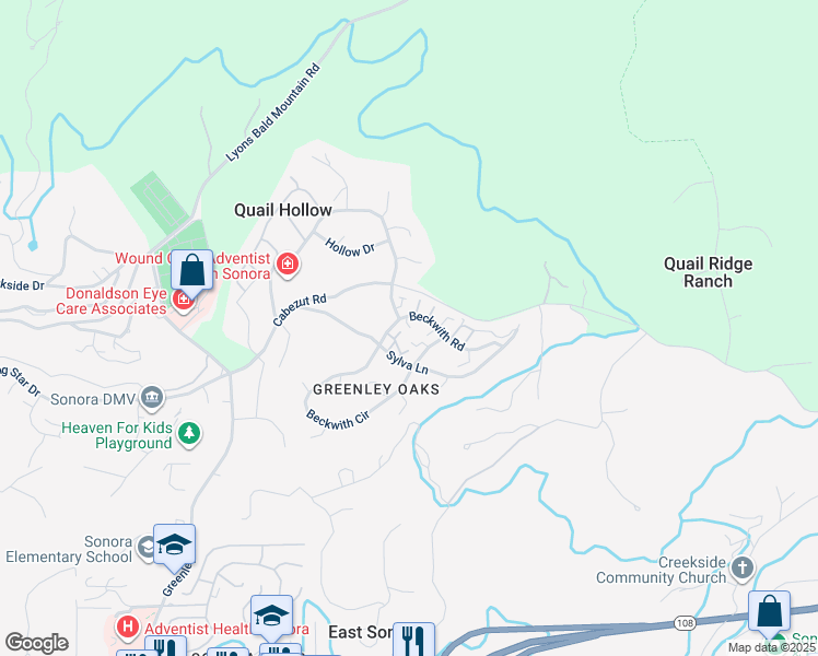 map of restaurants, bars, coffee shops, grocery stores, and more near 13065 Beckwith Road in Sonora
