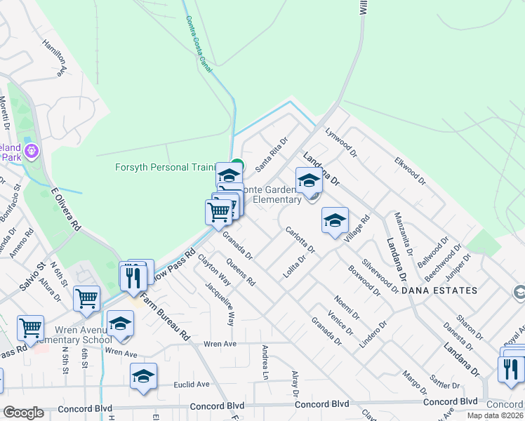 map of restaurants, bars, coffee shops, grocery stores, and more near 3712 Willow Pass Road in Concord