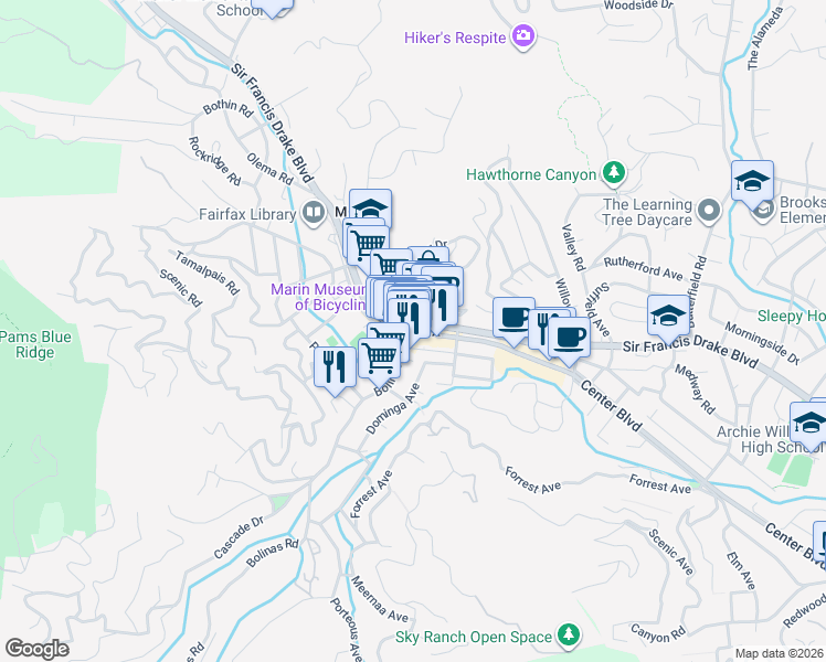 map of restaurants, bars, coffee shops, grocery stores, and more near in Fairfax