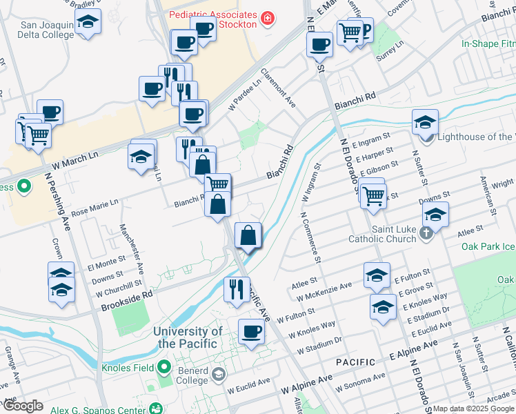 map of restaurants, bars, coffee shops, grocery stores, and more near 328 Northbank Court in Stockton