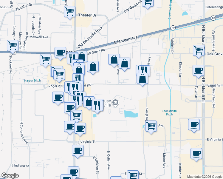 map of restaurants, bars, coffee shops, grocery stores, and more near 1136 Loft Cove in Evansville