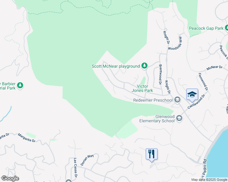 map of restaurants, bars, coffee shops, grocery stores, and more near Millwood Court in San Rafael