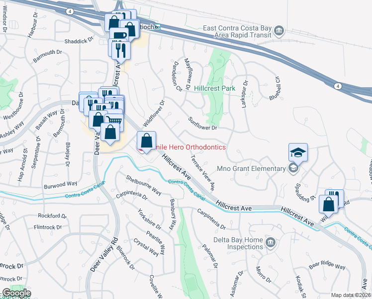 map of restaurants, bars, coffee shops, grocery stores, and more near 3024 Terrace View Avenue in Antioch