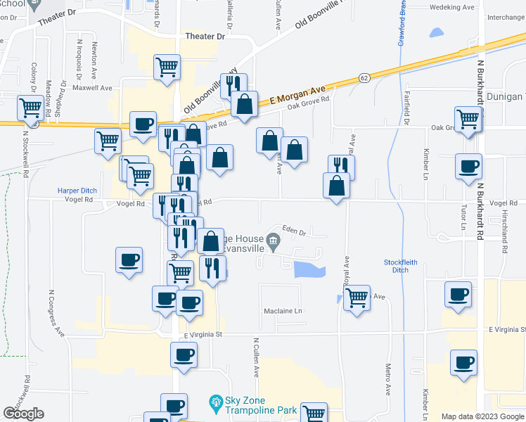 map of restaurants, bars, coffee shops, grocery stores, and more near 1121 Loft Cove in Evansville