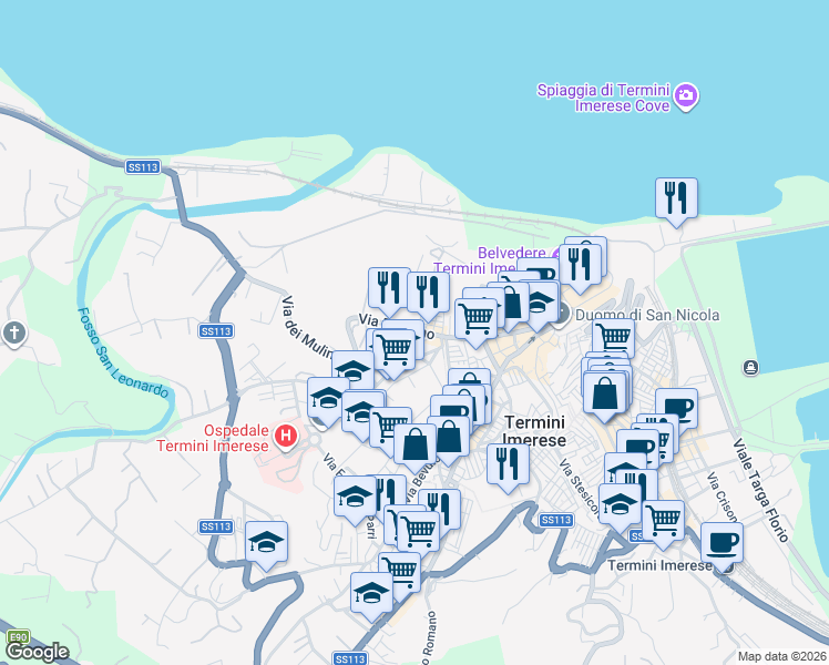 map of restaurants, bars, coffee shops, grocery stores, and more near 34 Via Palermo in Termini Imerese