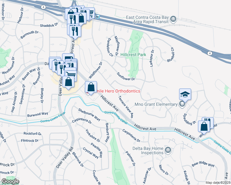 map of restaurants, bars, coffee shops, grocery stores, and more near 3024 Terrace View Avenue in Antioch
