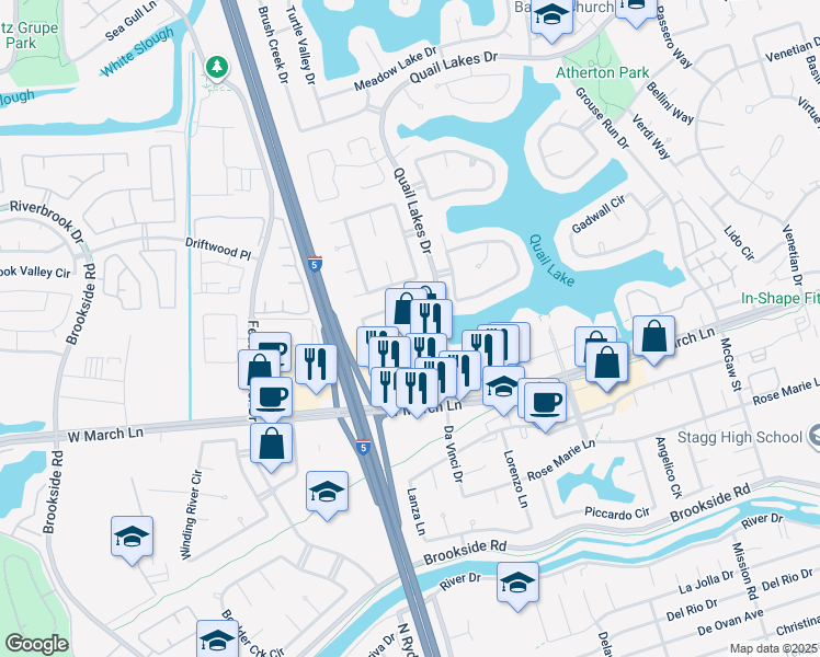 map of restaurants, bars, coffee shops, grocery stores, and more near 4661 Quail Lakes Drive in Stockton
