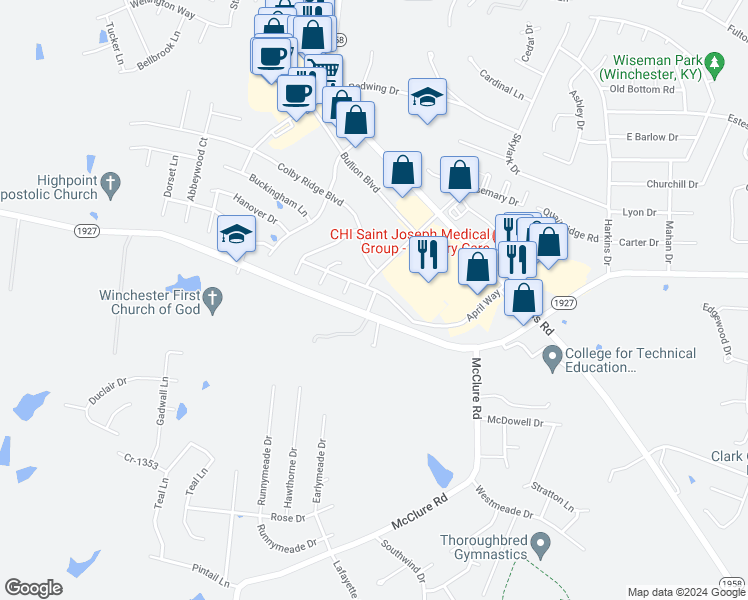 map of restaurants, bars, coffee shops, grocery stores, and more near 401 Cricket Lane in Winchester