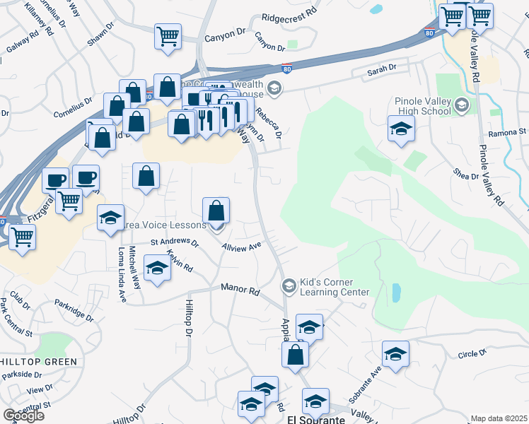 map of restaurants, bars, coffee shops, grocery stores, and more near 2675 Appian Way in Pinole