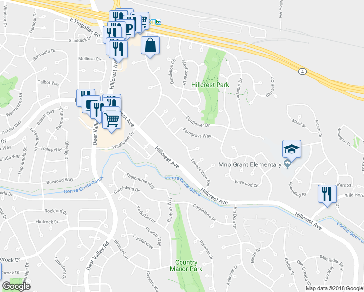 map of restaurants, bars, coffee shops, grocery stores, and more near 3024 Terrace View Avenue in Antioch