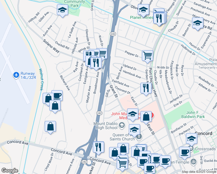 map of restaurants, bars, coffee shops, grocery stores, and more near 2761 Grant Street in Concord