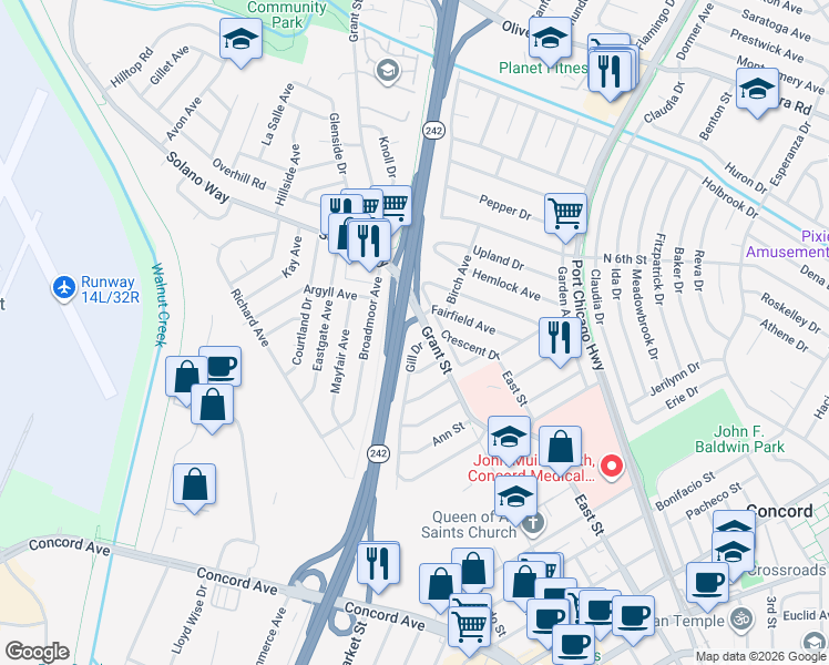 map of restaurants, bars, coffee shops, grocery stores, and more near 2761 Grant Street in Concord