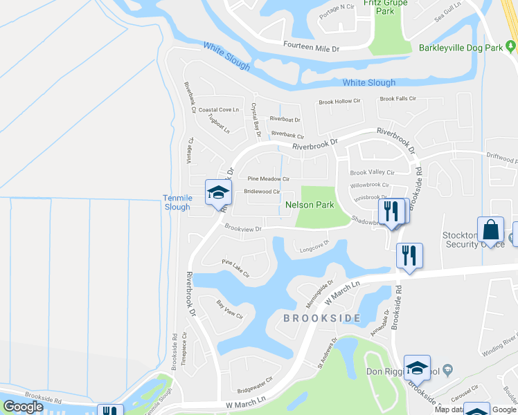 map of restaurants, bars, coffee shops, grocery stores, and more near 3852 Windy Cove Circle in Stockton