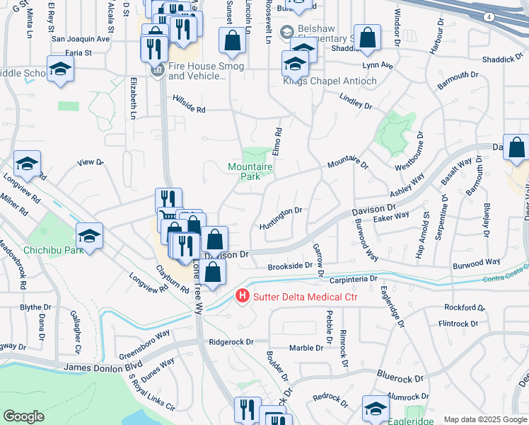 map of restaurants, bars, coffee shops, grocery stores, and more near 3517 Mountaire Drive in Antioch